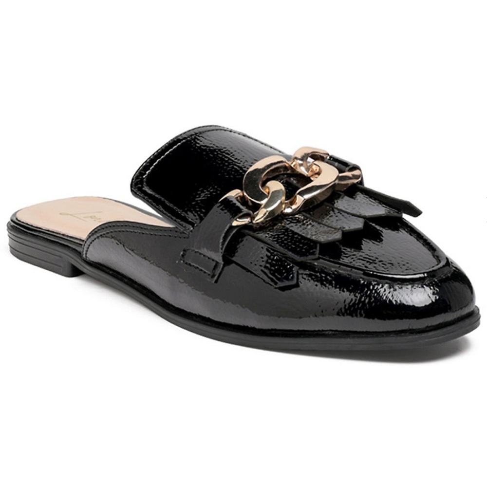 Black Patent Leather Mules with Gold Chain Detail